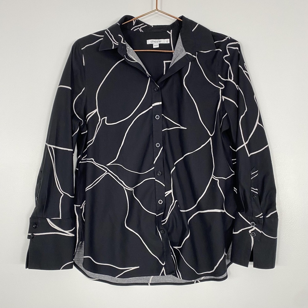 Chico's Shirt Womens‎ 8 Black Abstract Floral Button Front Long Sleeve Top